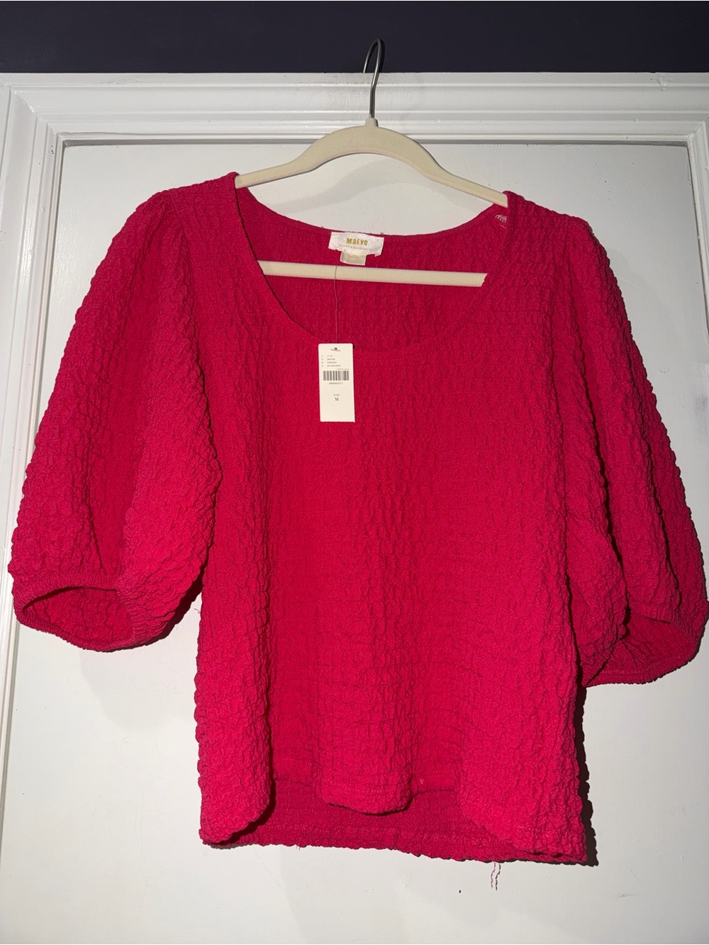Anthropologie Hot Pink Textured Puff-Sleeve Top